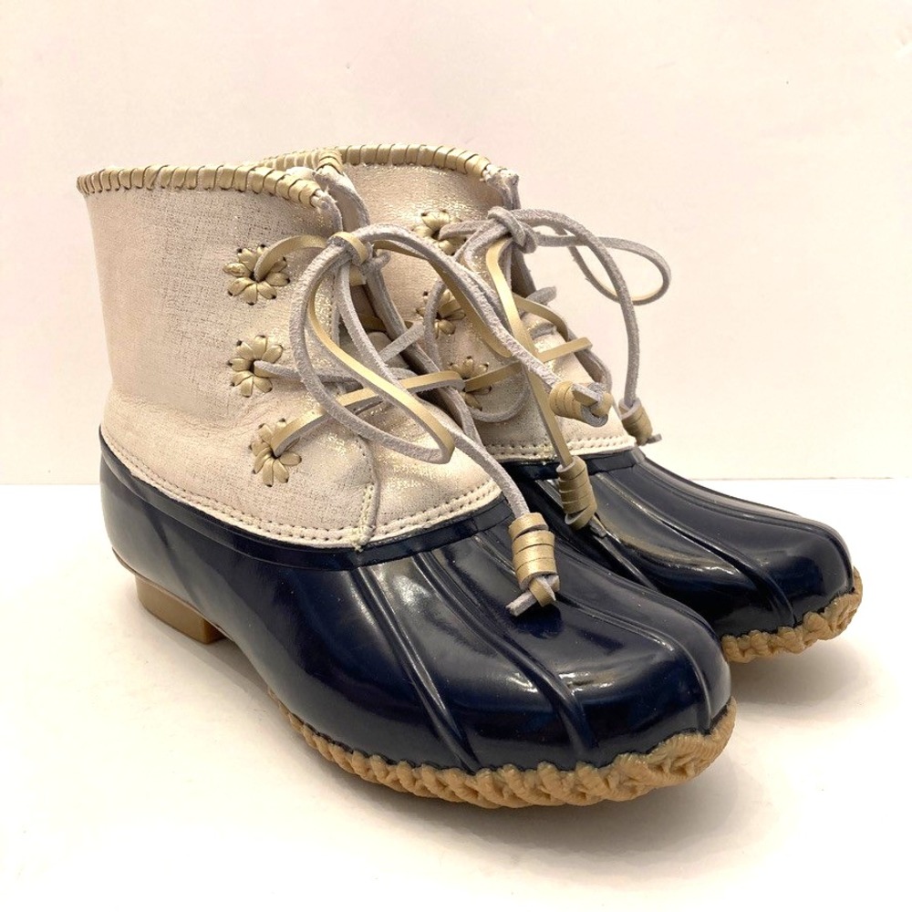 Jack Rogers Womens 9 Chloe Boots Gold Metallic‎ Leather Navy Duck Rain Winter